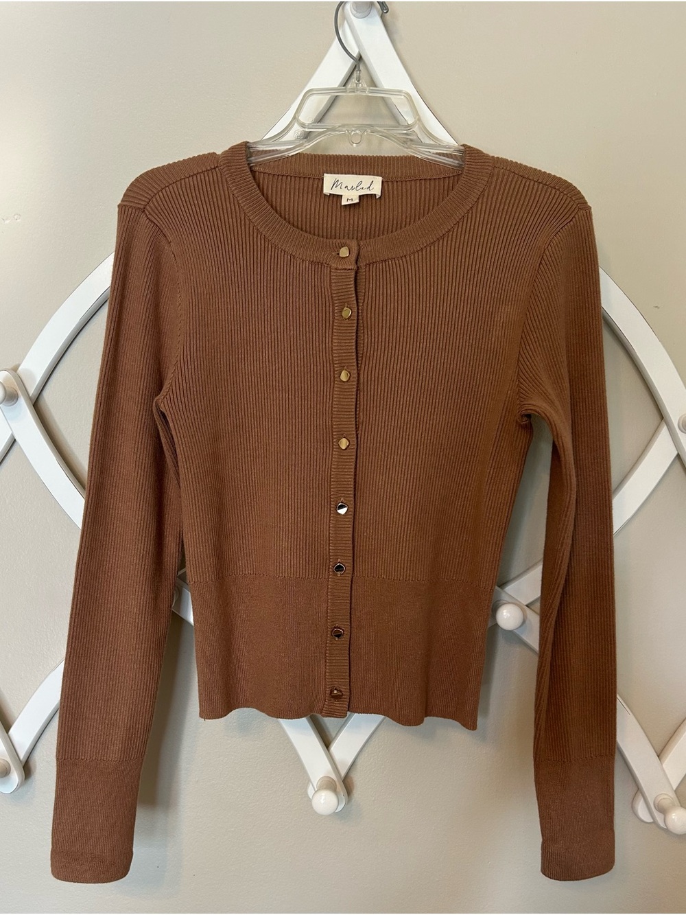 Marled Brown Ribbed Button-Front Long Sleeve Top